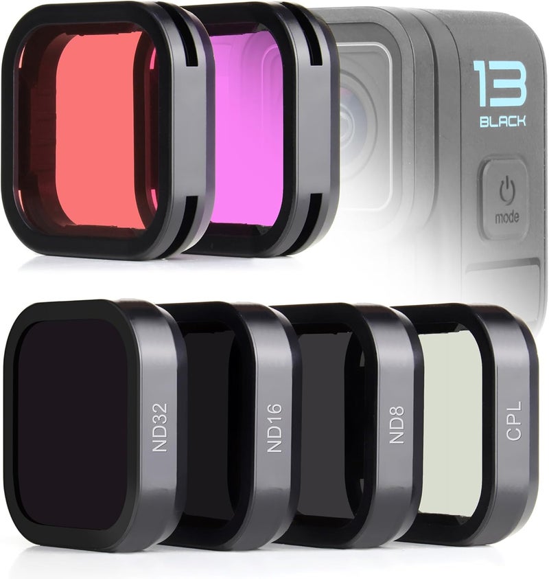 SOONSUN 6-Pack Lens Filter Set for GoPro Hero 13 Black - (ND8, ND16, ND32, CPL, Red, Magenta) Neutral Density, Circular Polarizer & Snorkeling Filters for Outdoor Photography & Video Shooting - Image 1